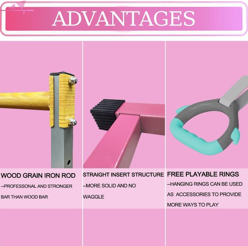 GLANT Gymnastics Bar for Kids with Rings Set, 7 Heights Adjustable Easy Folding Gymnastic Training Bar Kids Monkey Horizontal Bars - Max Load 300LBS - Image 4